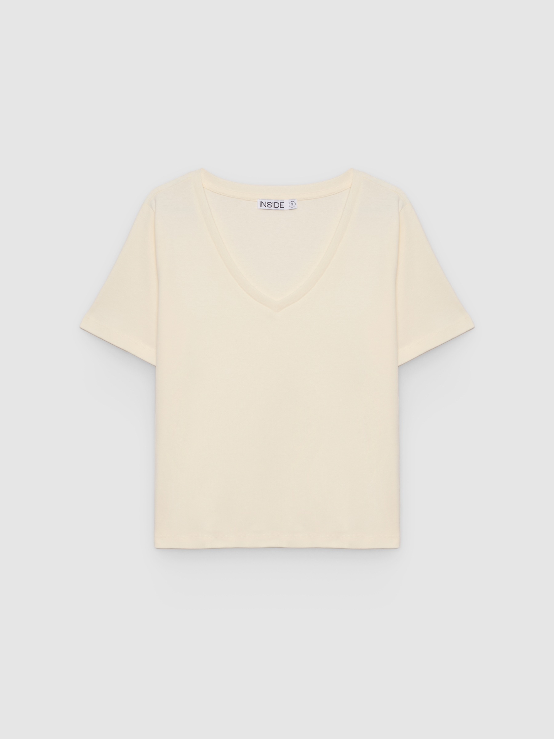 Camiseta de algodón cuello pico blanco roto vista media frontal