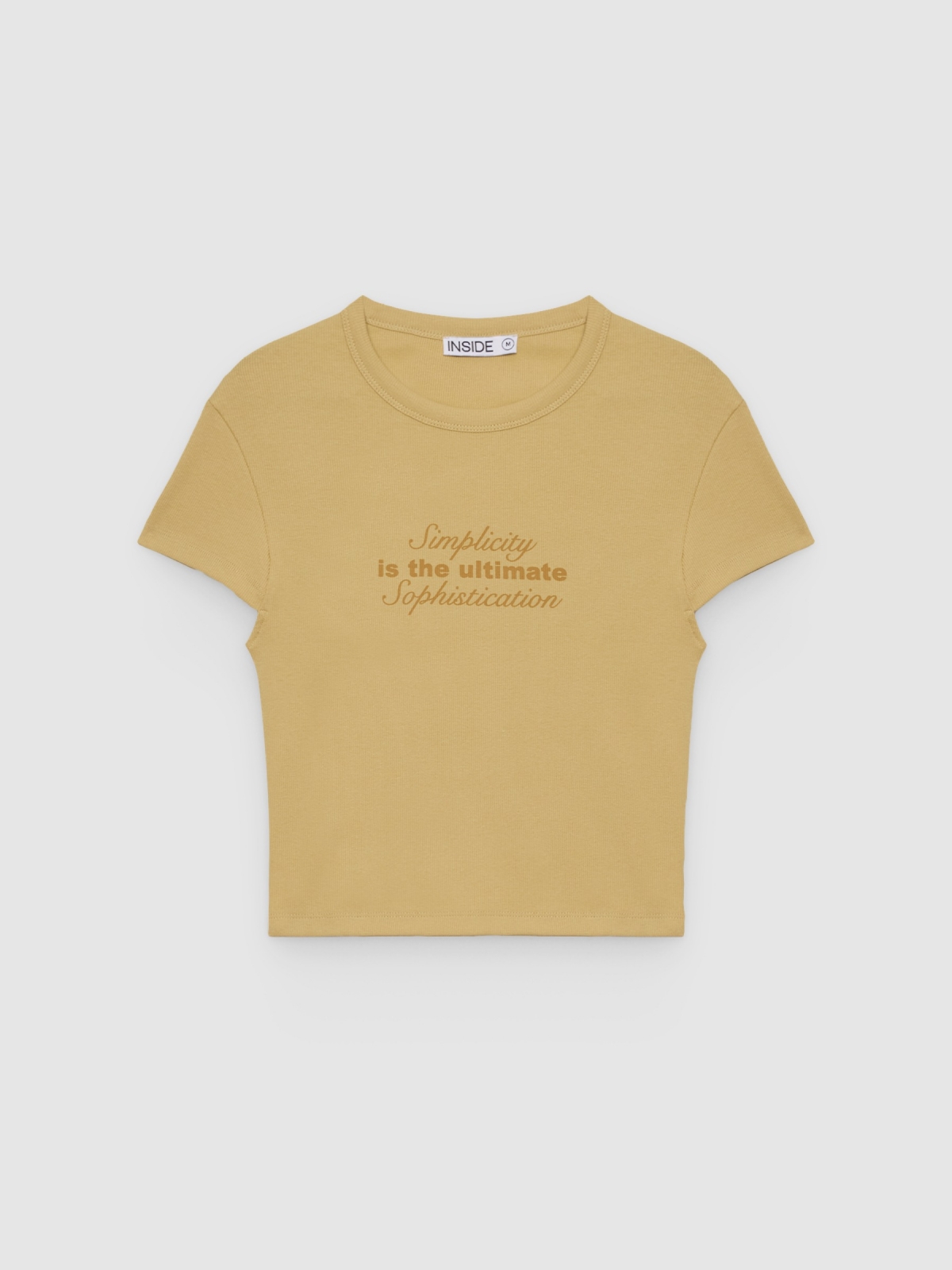 %Pto% Camiseta básica canelada com texto areia vista frontal