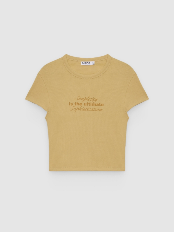  Camiseta básica canelada com texto areia vista frontal