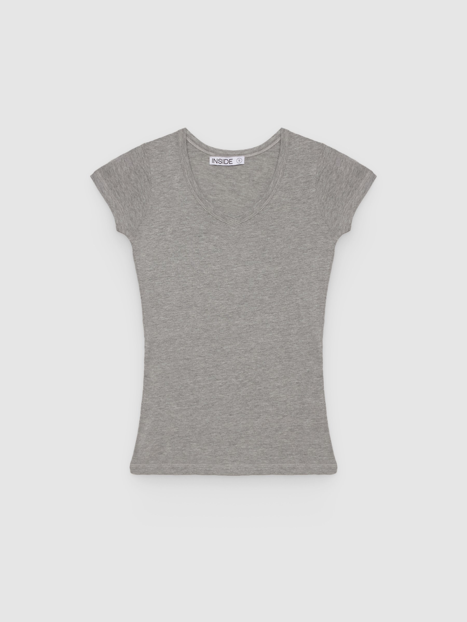 Camiseta básica cuello pico gris melange vista media frontal