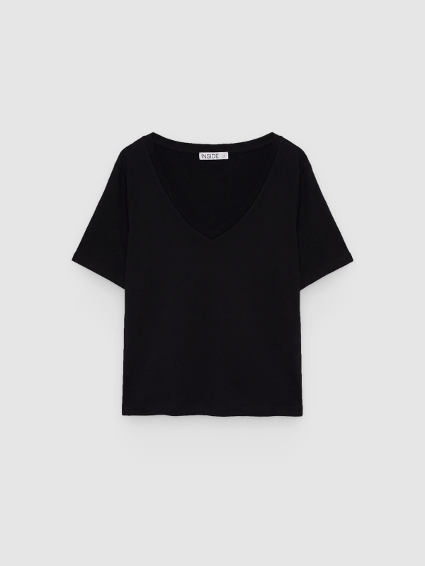  Camiseta de algodón cuello pico negro vista frontal