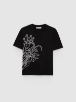 %Pto% Camiseta flores algodón negro vista frontal