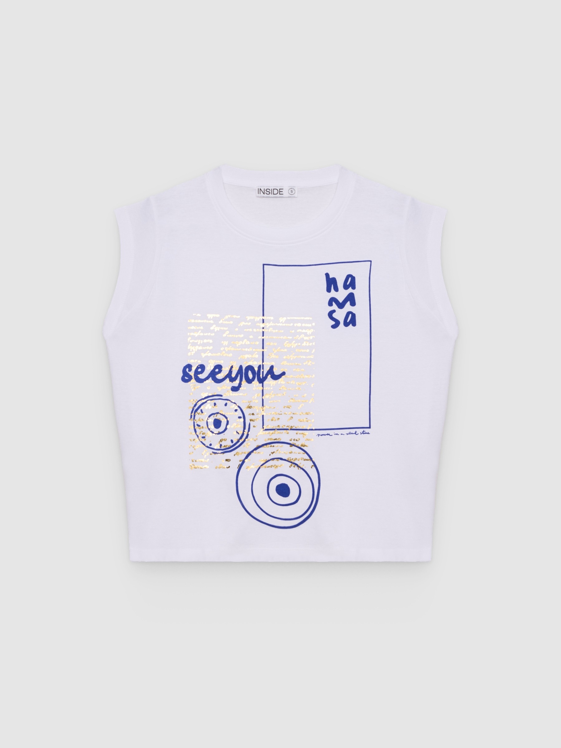 Sleeveless T-shirt with ethnic print white middle front view