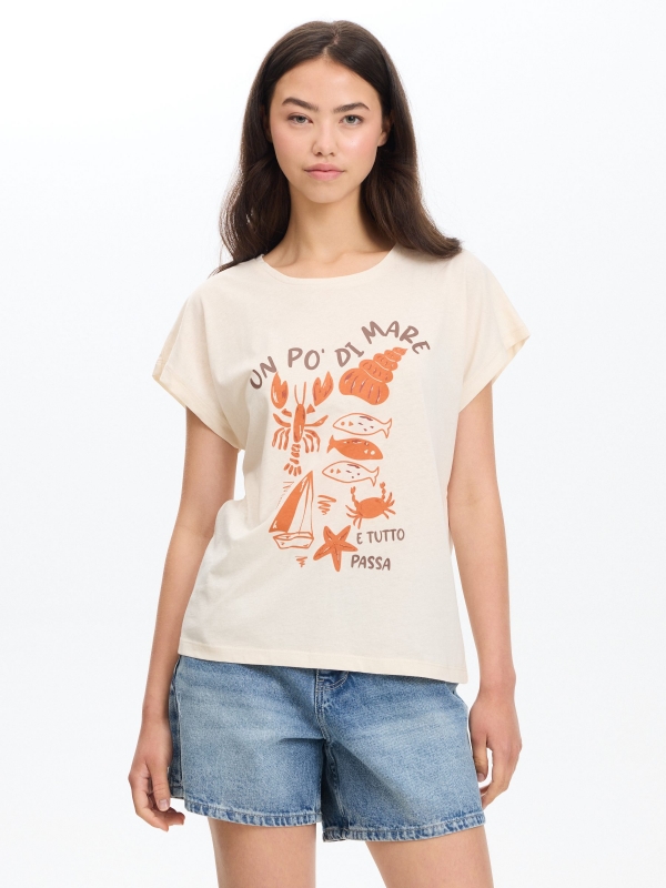 Camiseta estampada marinho crua vista meia frontal