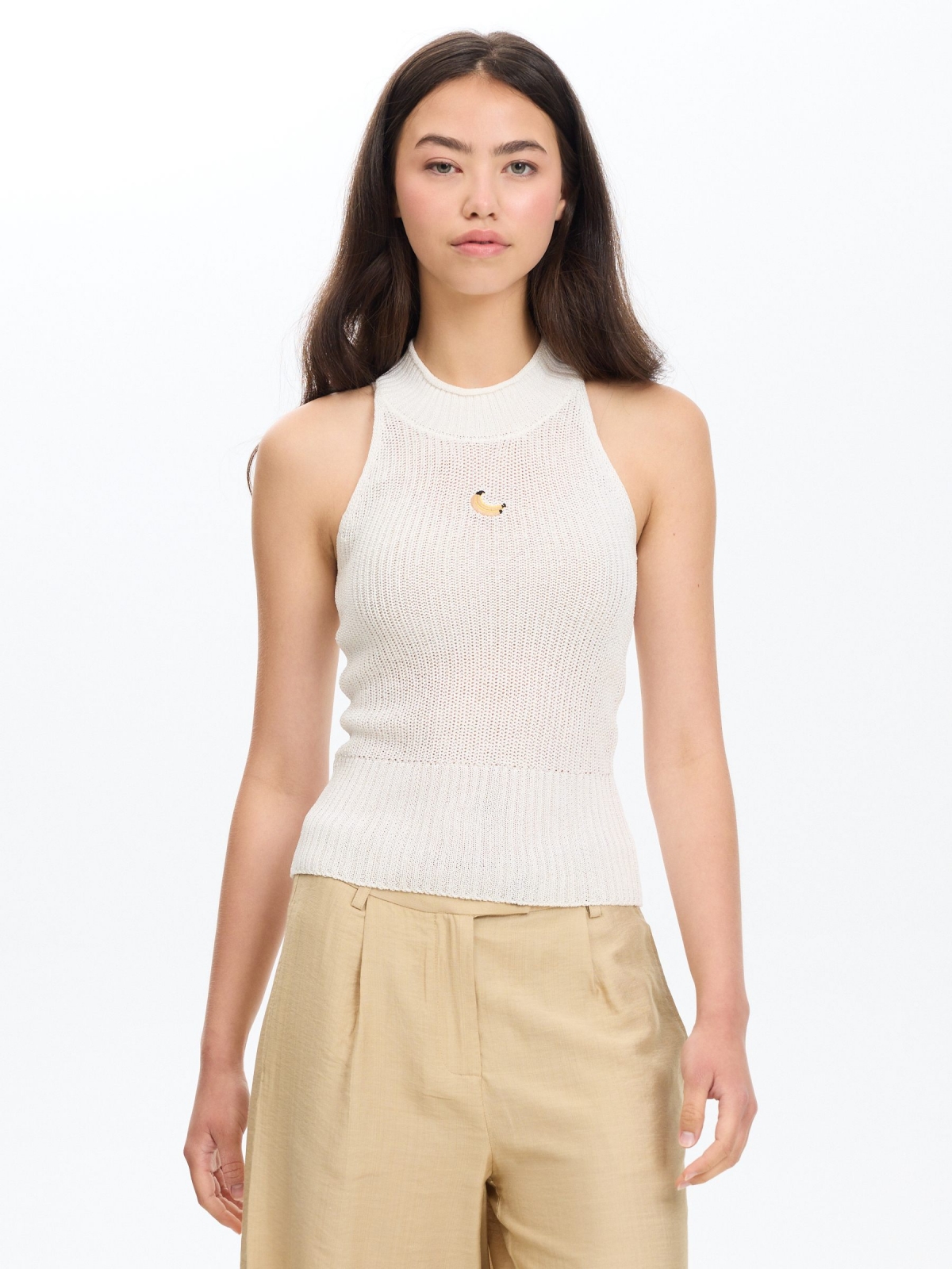 Embroidered banana crochet halter top white middle front view