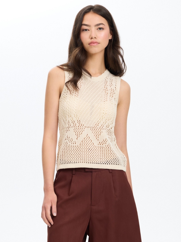 Openwork knit top with crew neck raw middle front view