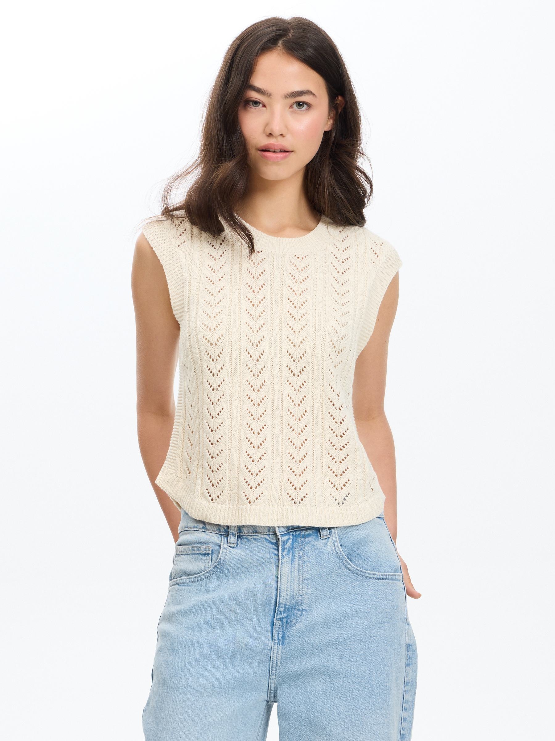 Sleeveless openwork top beige middle front view