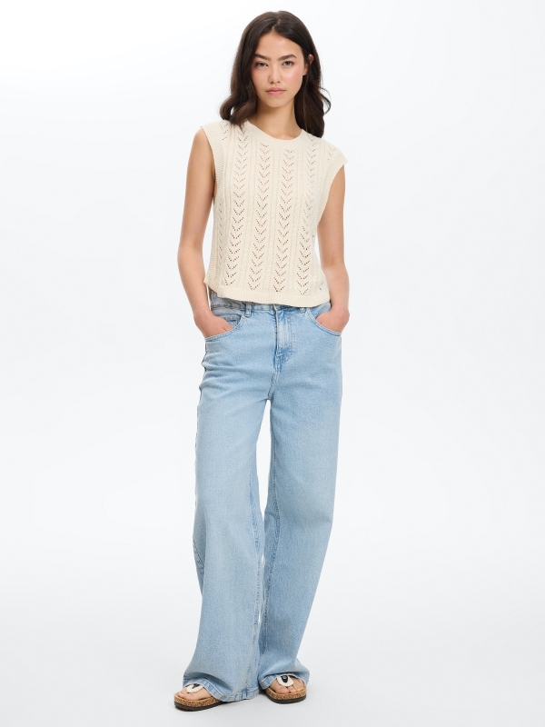 Sleeveless openwork top beige front view