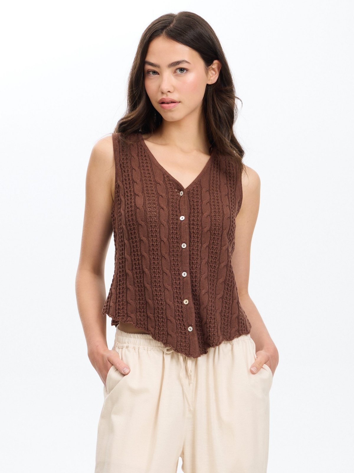 Top openwork knit slim buttons chocolate middle front view