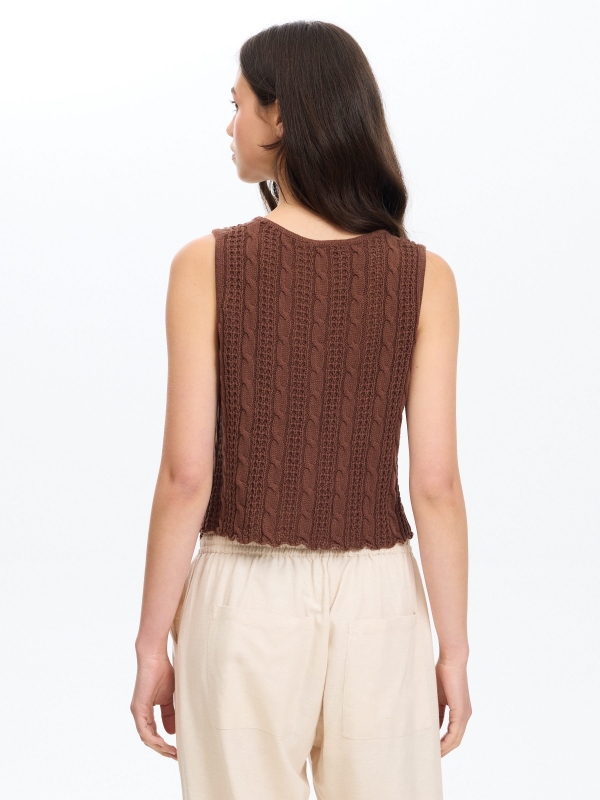 Top openwork knit slim buttons chocolate middle back view