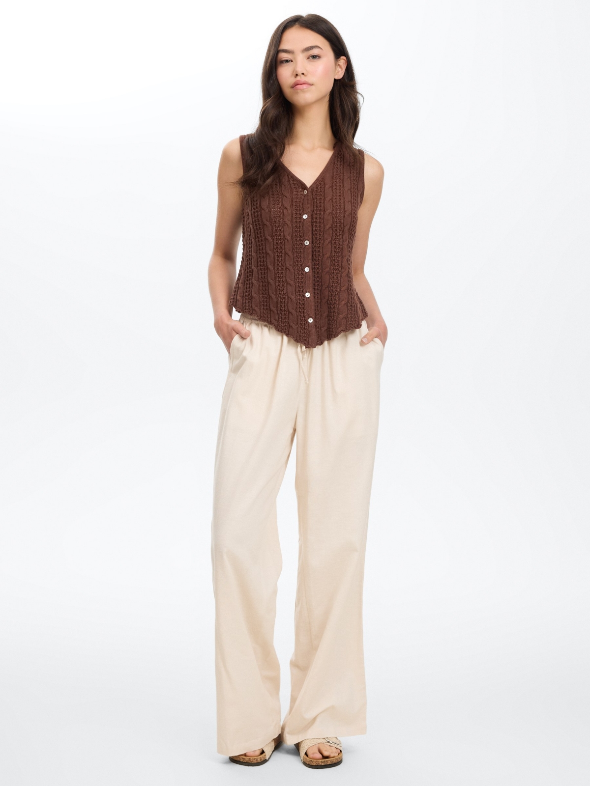 Top openwork knit slim buttons chocolate front view