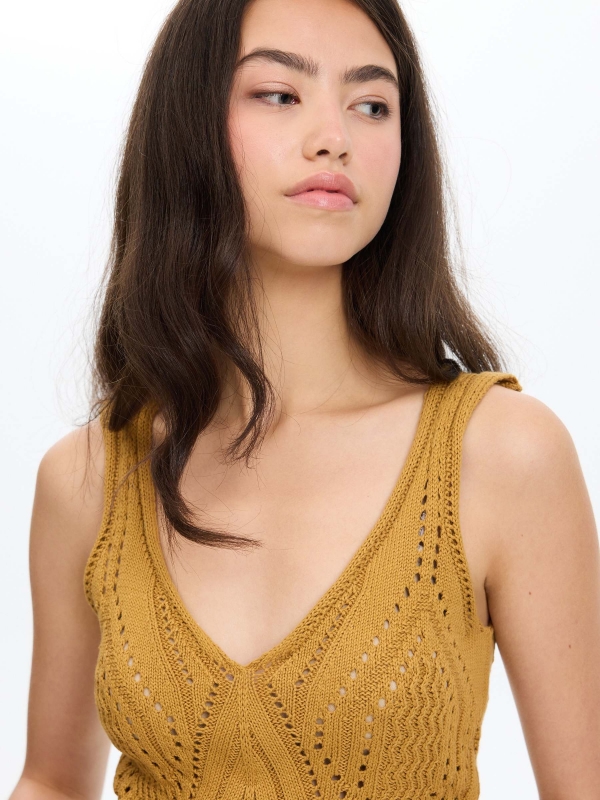 Knitted strappy top ochre detail view