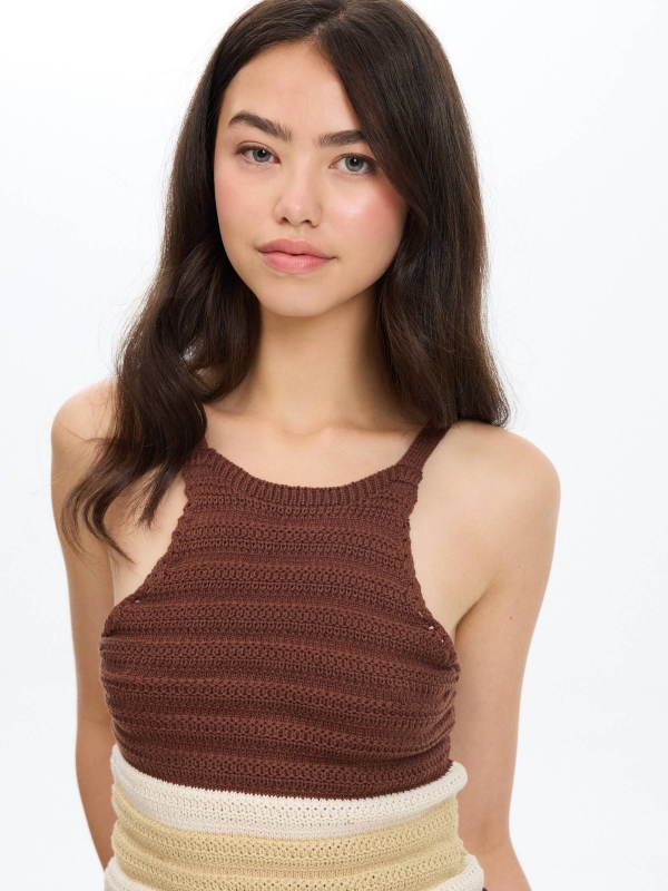 Striped knitted halter crop top chocolate detail view
