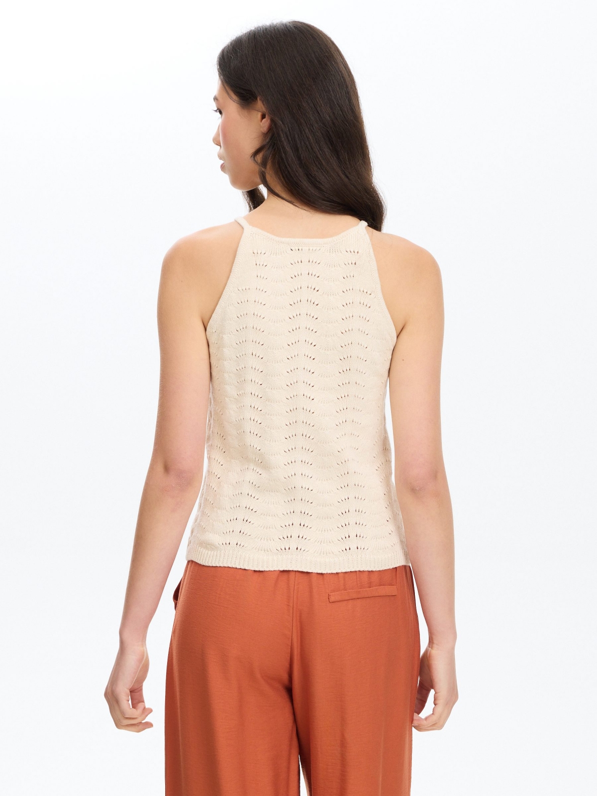 Openwork knitted halter top off white middle back view