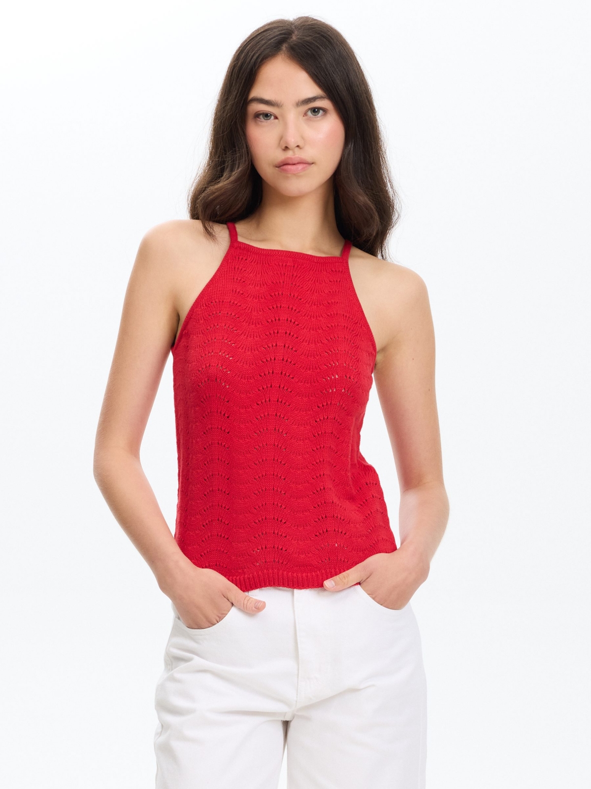 Openwork knitted halter top carmine middle front view