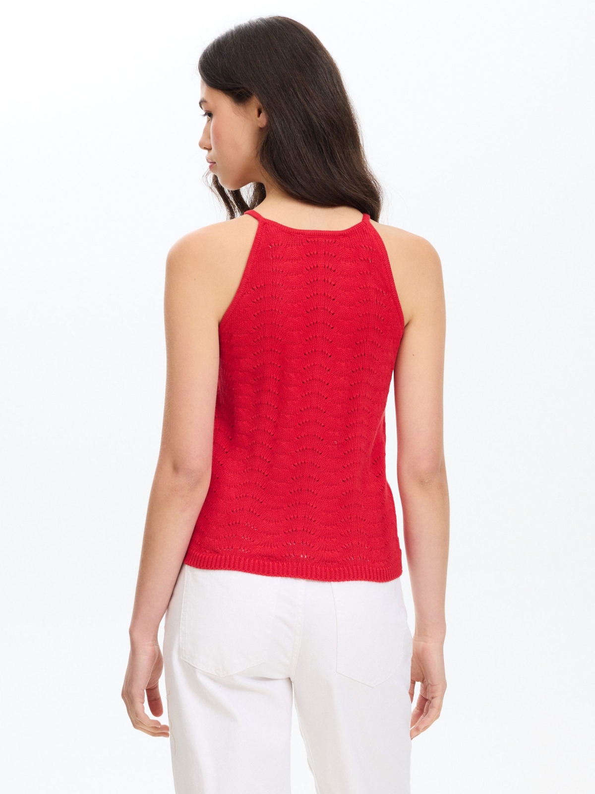 Openwork knitted halter top carmine middle back view