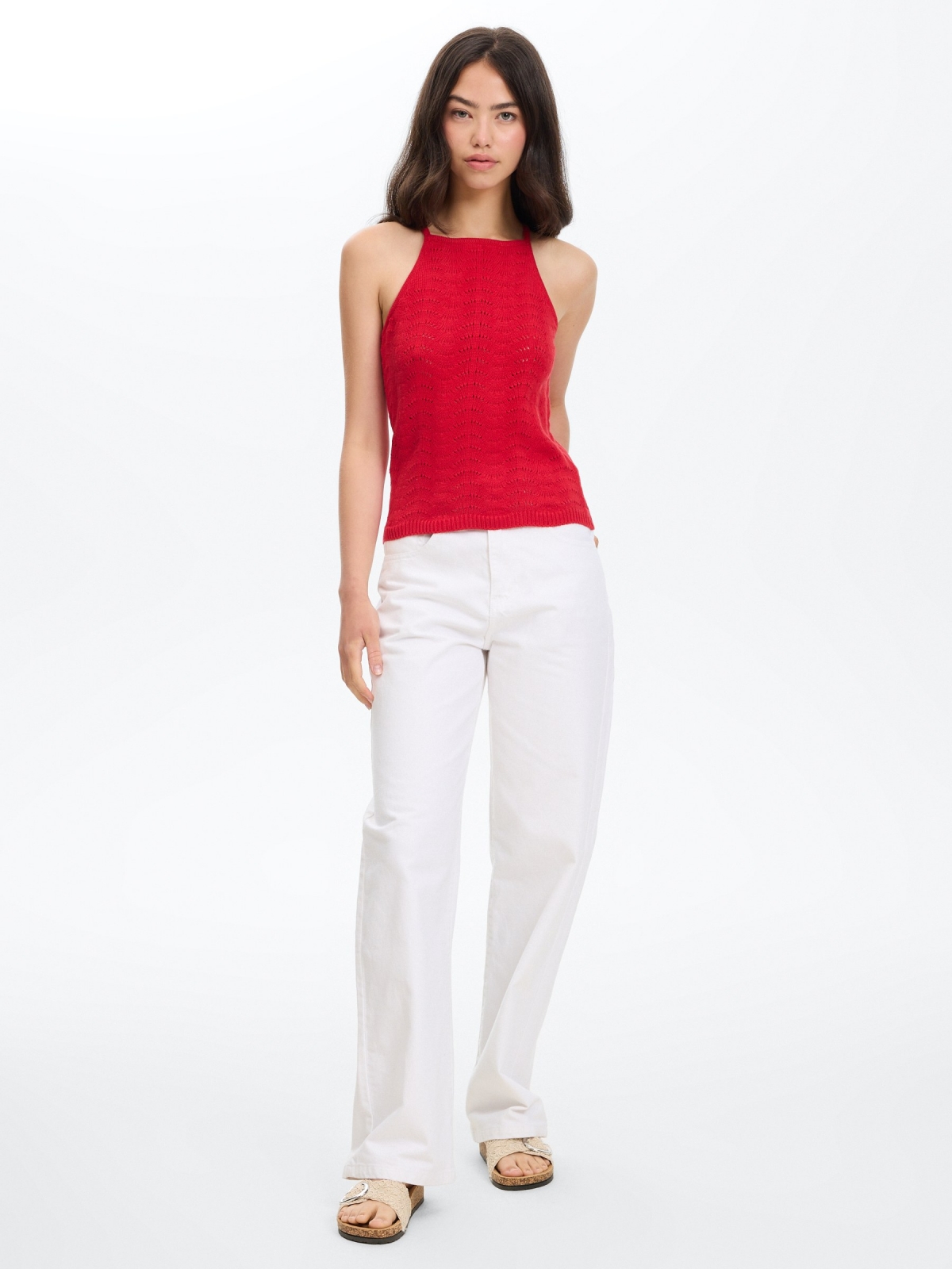Openwork knitted halter top carmine front view