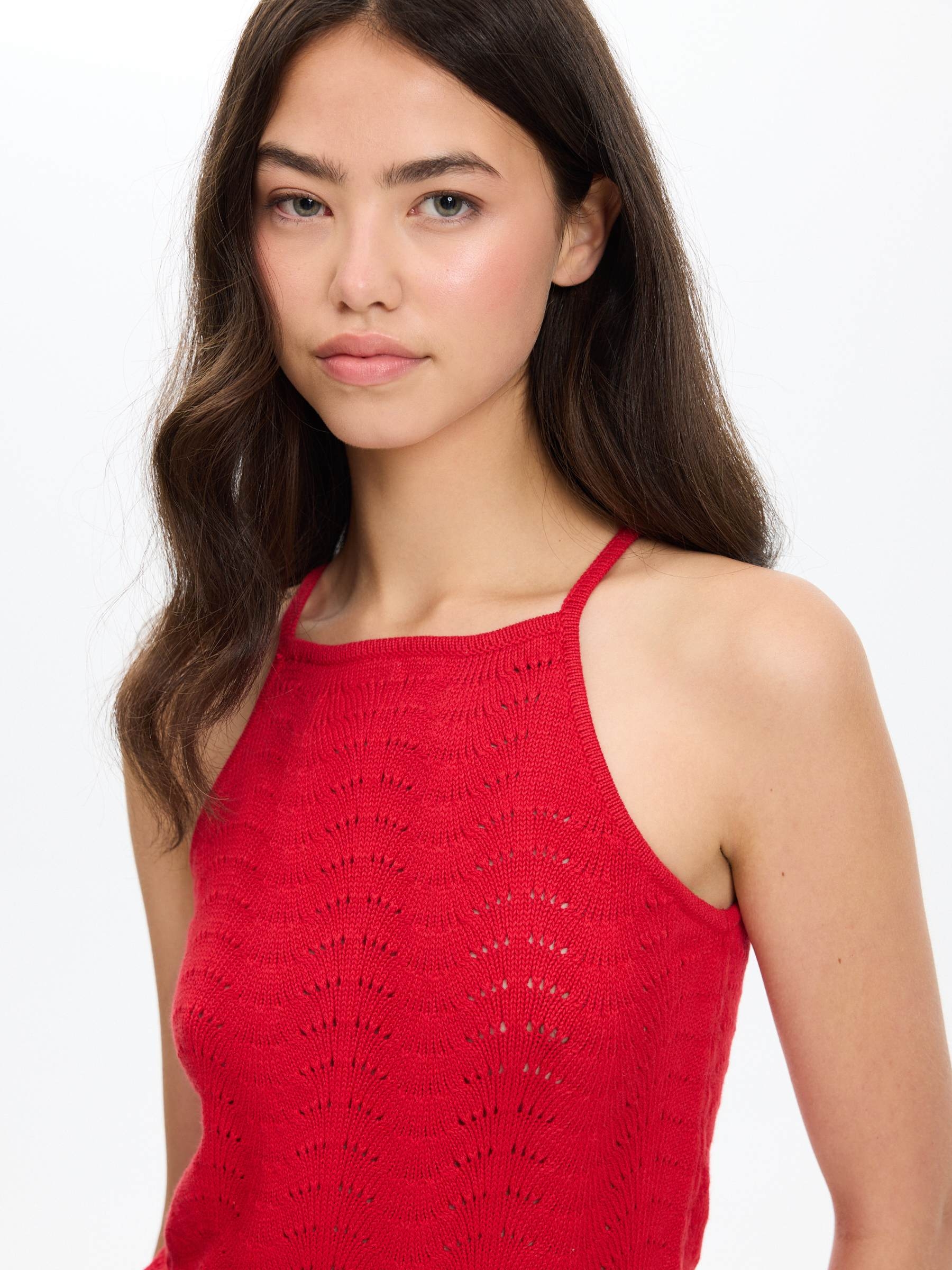 Openwork knitted halter top carmine middle front view