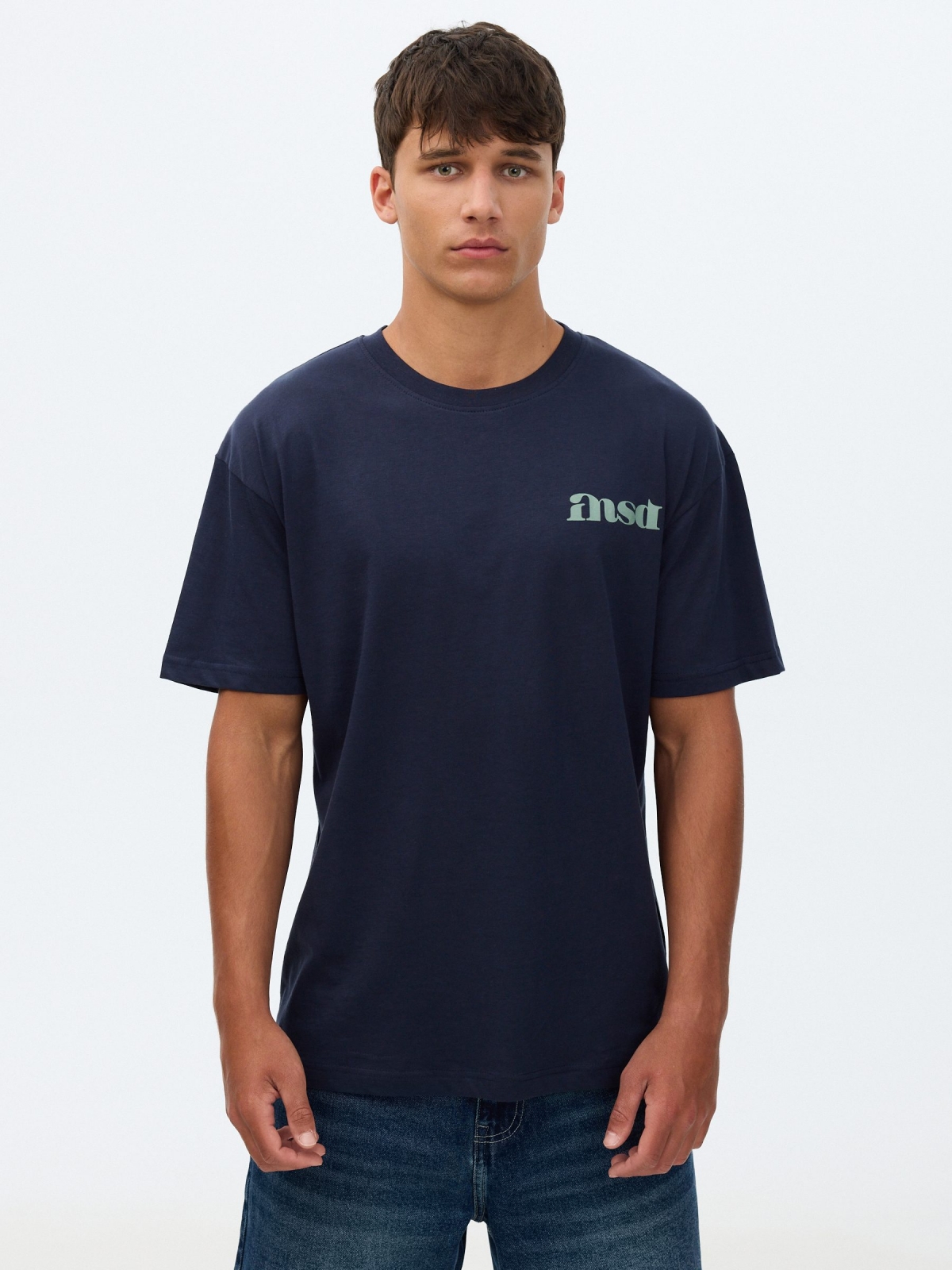 Text print t-shirt navy middle front view