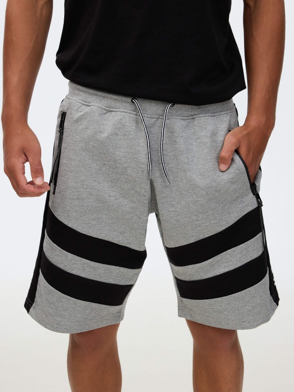 Bermuda jogger with bands melange grey middle back view