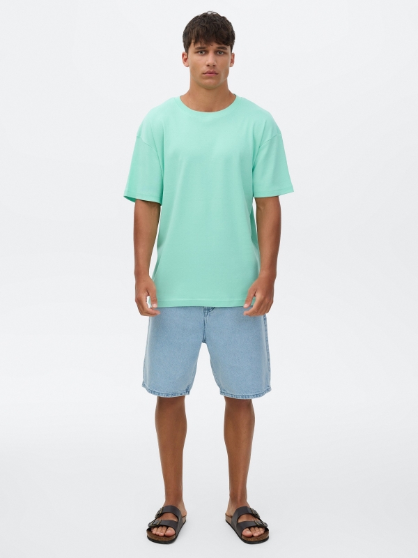 Camiseta básica de gola redonda verde mar vista geral frontal
