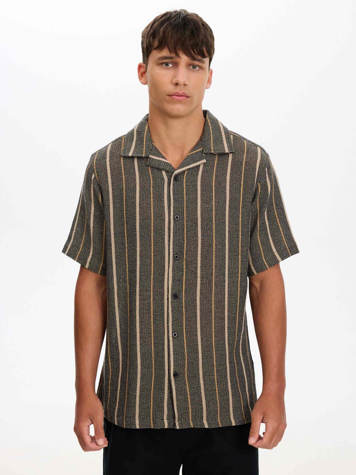 Striped shirt with resort collar black middle front view