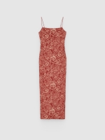 %Pto% Printed cut-out midi dress brick red front view