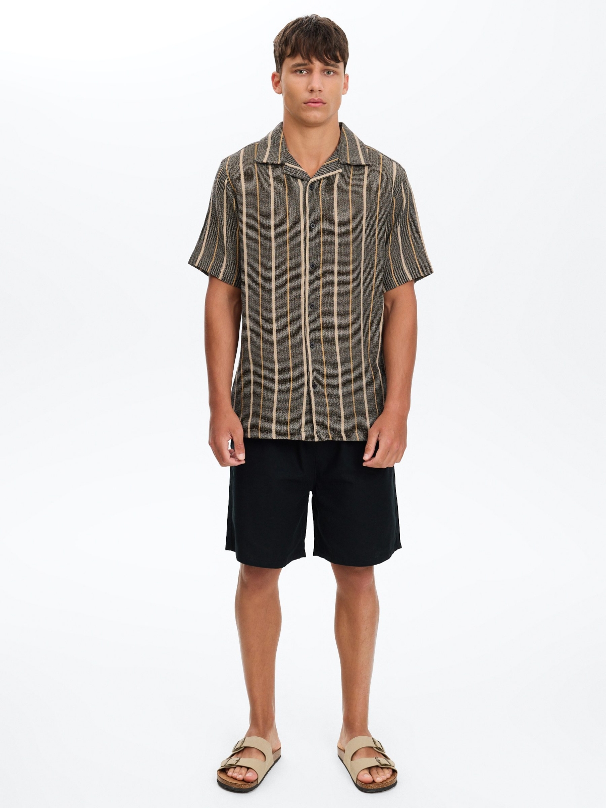 Striped shirt with resort collar black front view