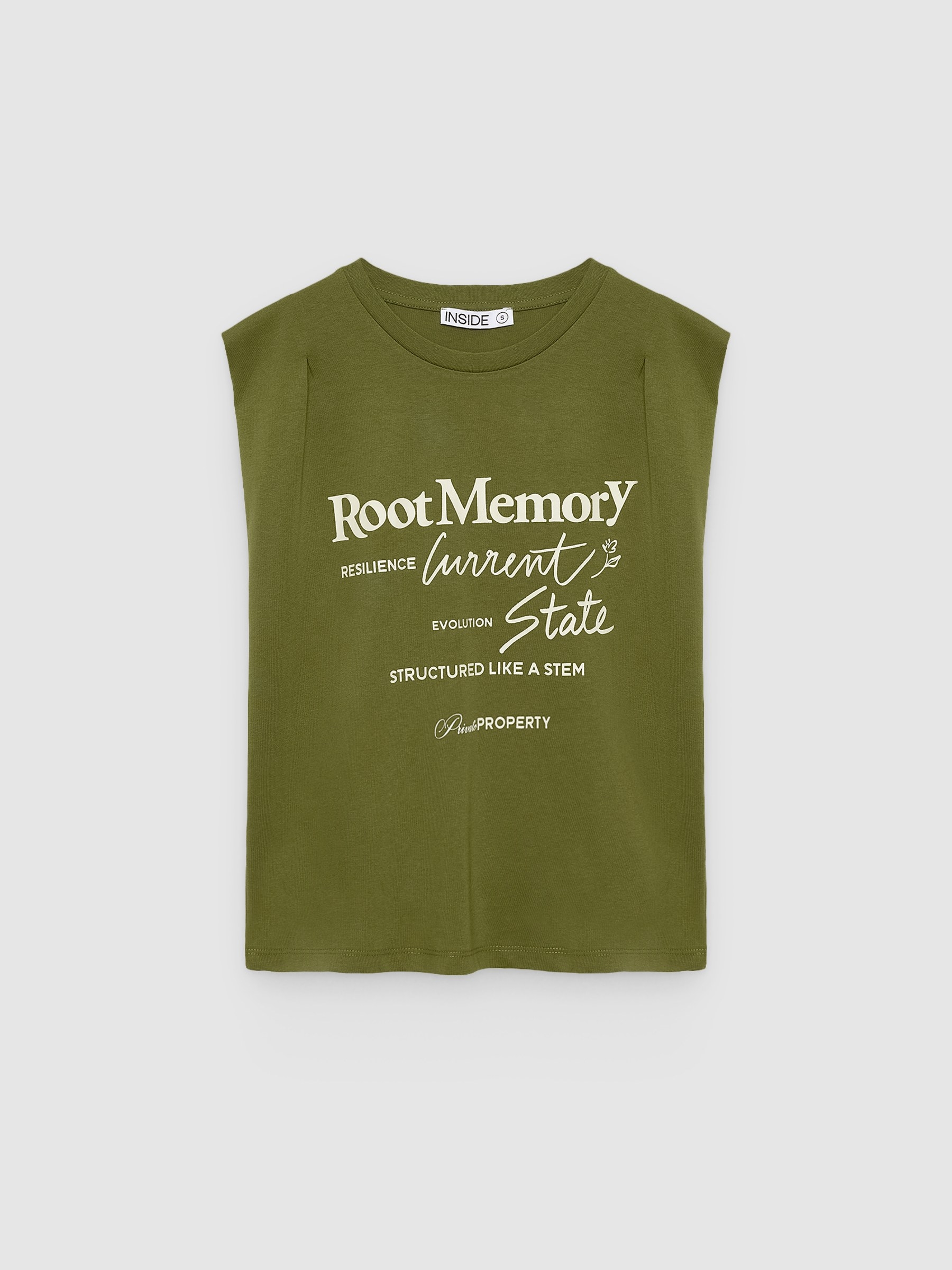 Camiseta sem mangas estampada com texto verde vista meia frontal