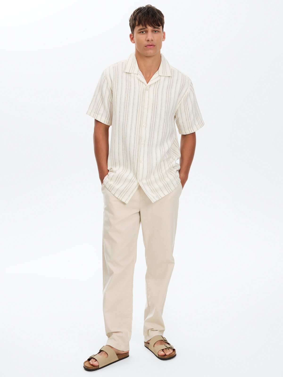 Striped cotton resort shirt off white front view