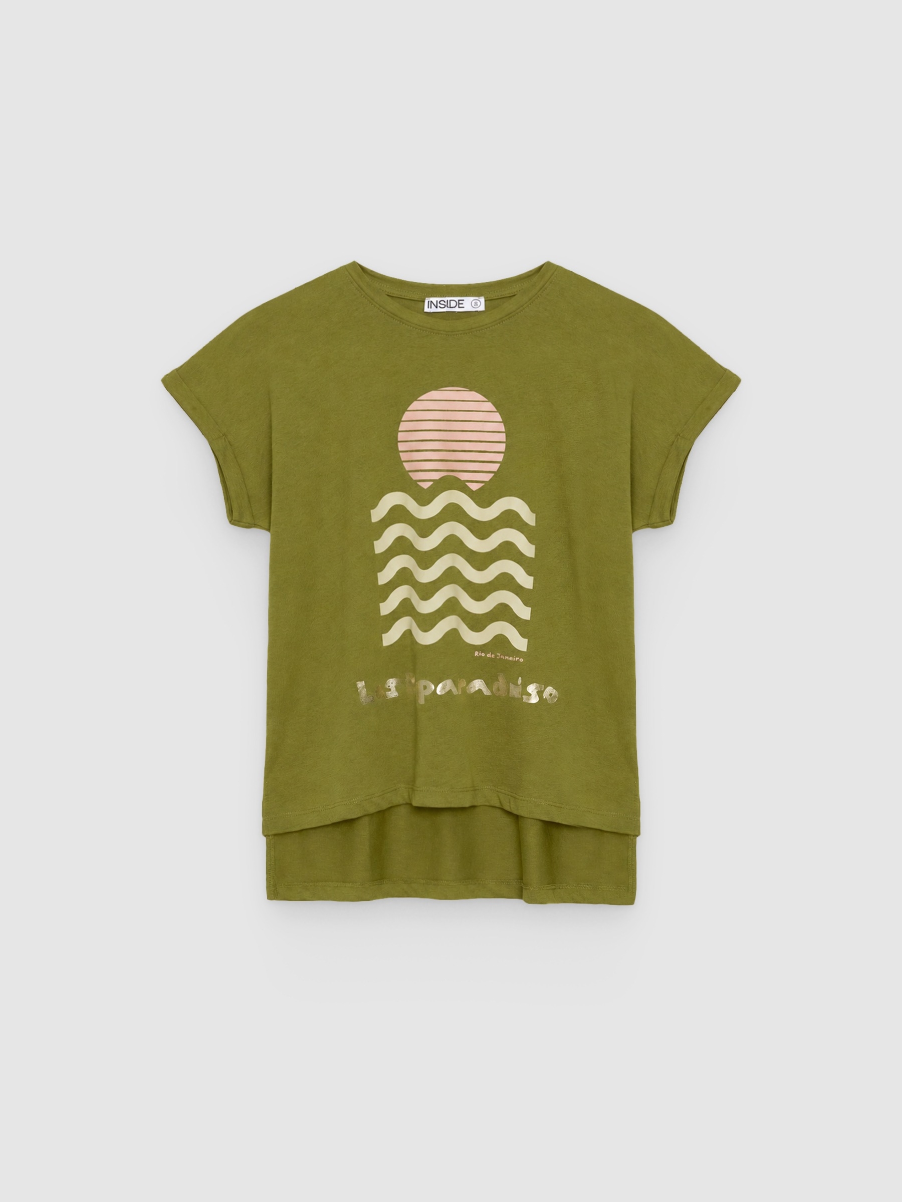 Long oversized T-shirt olive green middle front view
