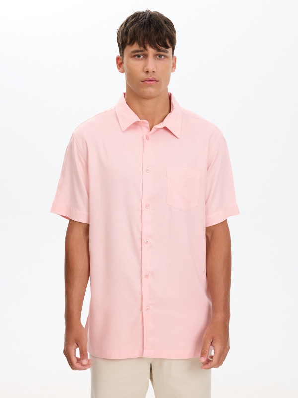 Camisa de linho slim rosa vista meia frontal