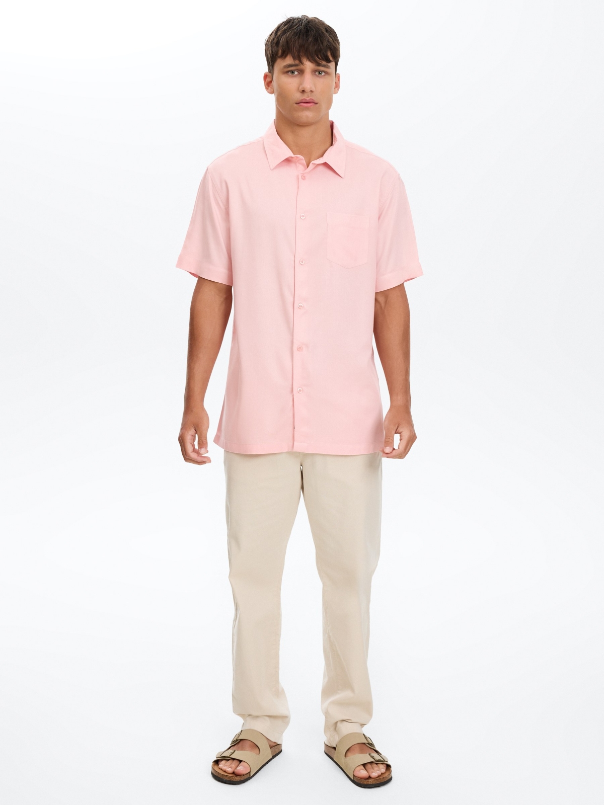 Camisa de linho slim rosa vista geral frontal