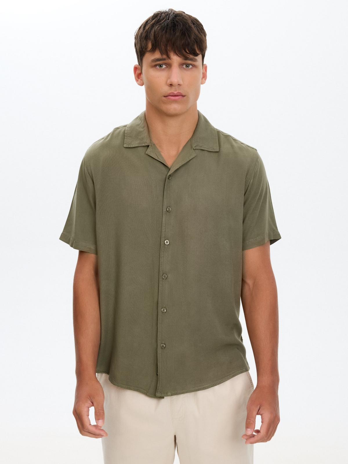 Linen resort shirt khaki middle front view