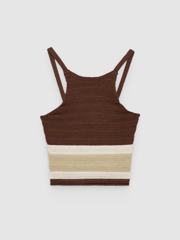 %Pto% Striped knitted halter crop top chocolate front view