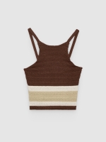 %Pto% Top crop halter de rayas tricotosa chocolate vista frontal