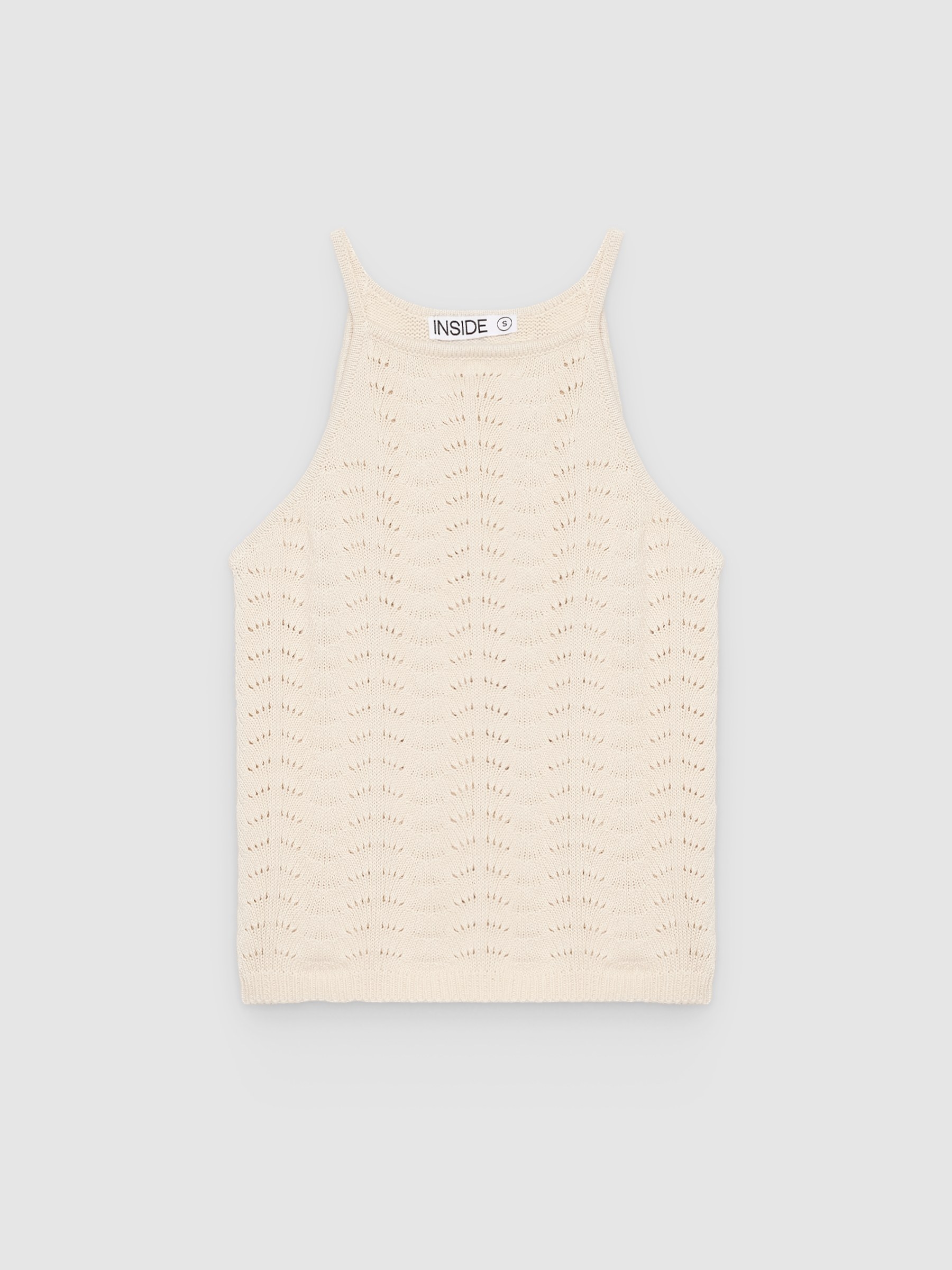 Top halter calado tricotosa blanco roto vista media frontal