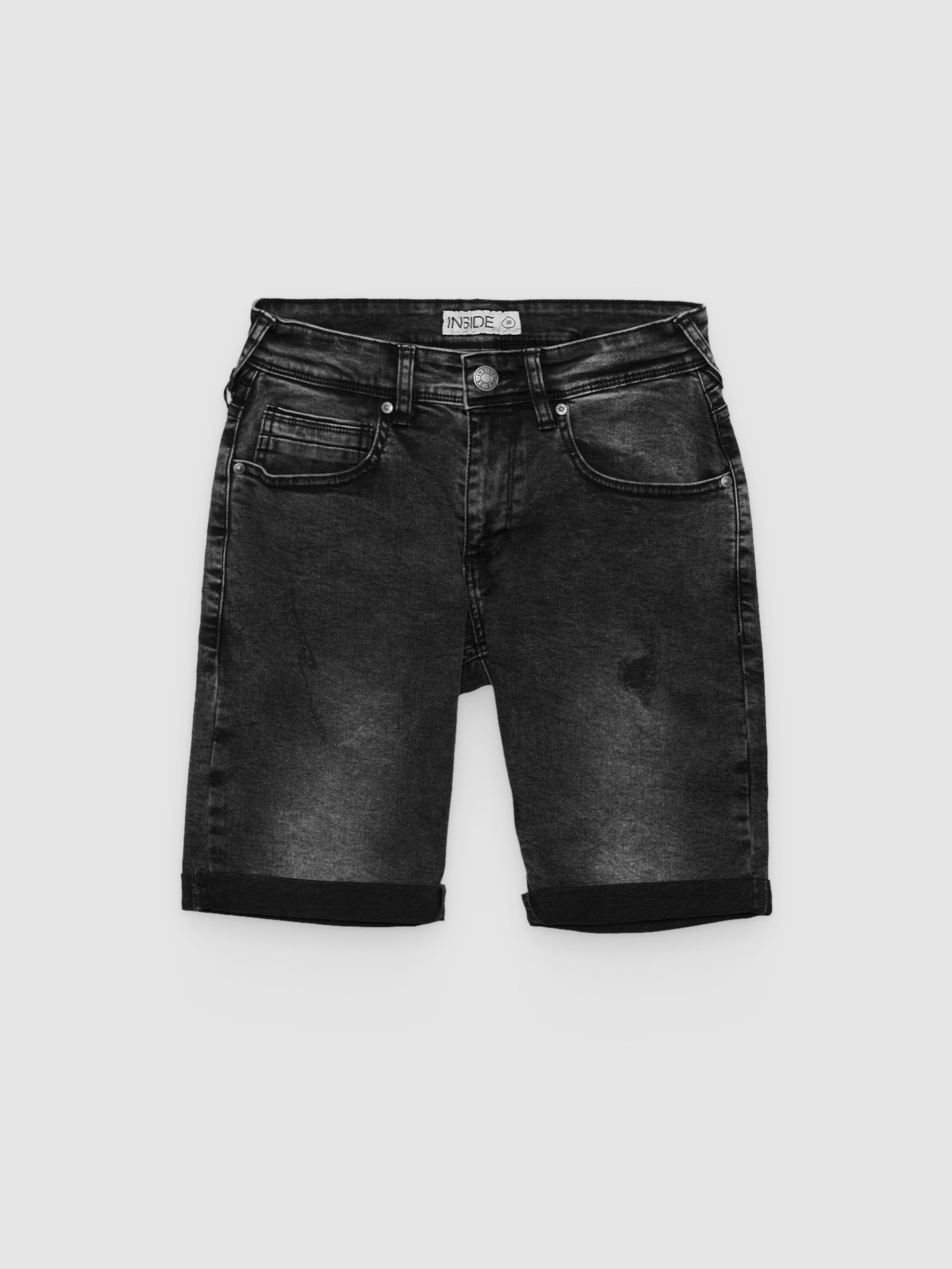 Bermuda jeans skinny com rasgos preto vista meia frontal