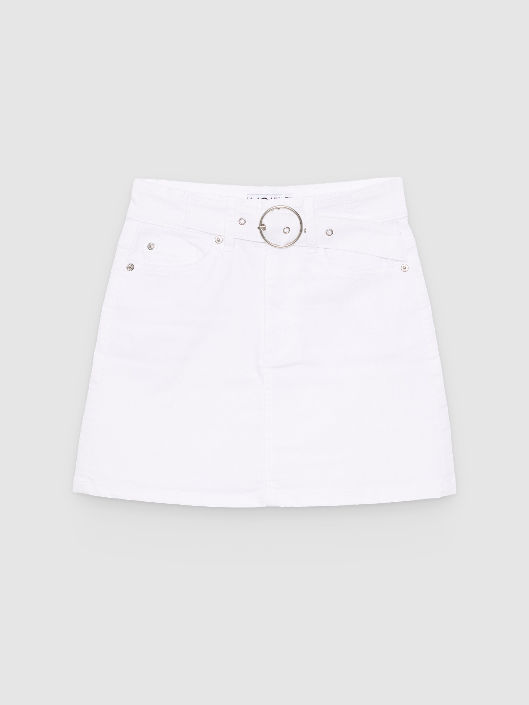 Saia mini sarja com cinto branco vista meia frontal