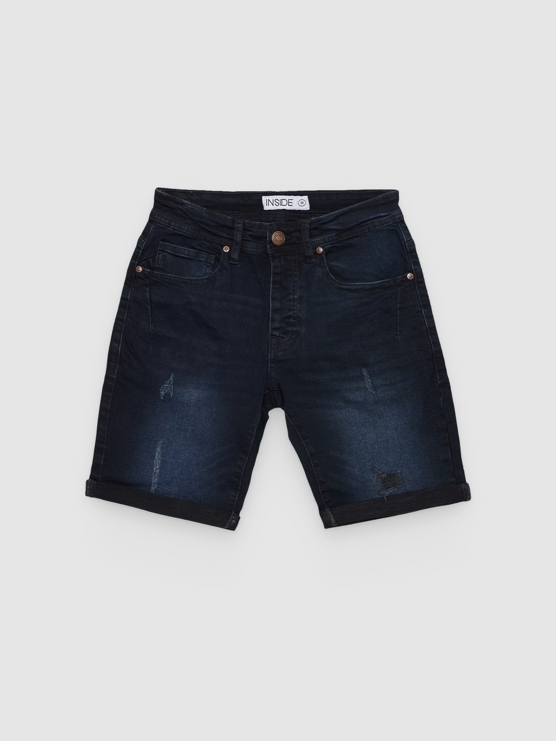 Bermuda jeans azul escuro rasgados azul vista meia frontal