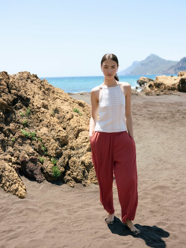  Pantalón fluido bambula wide leg marrón