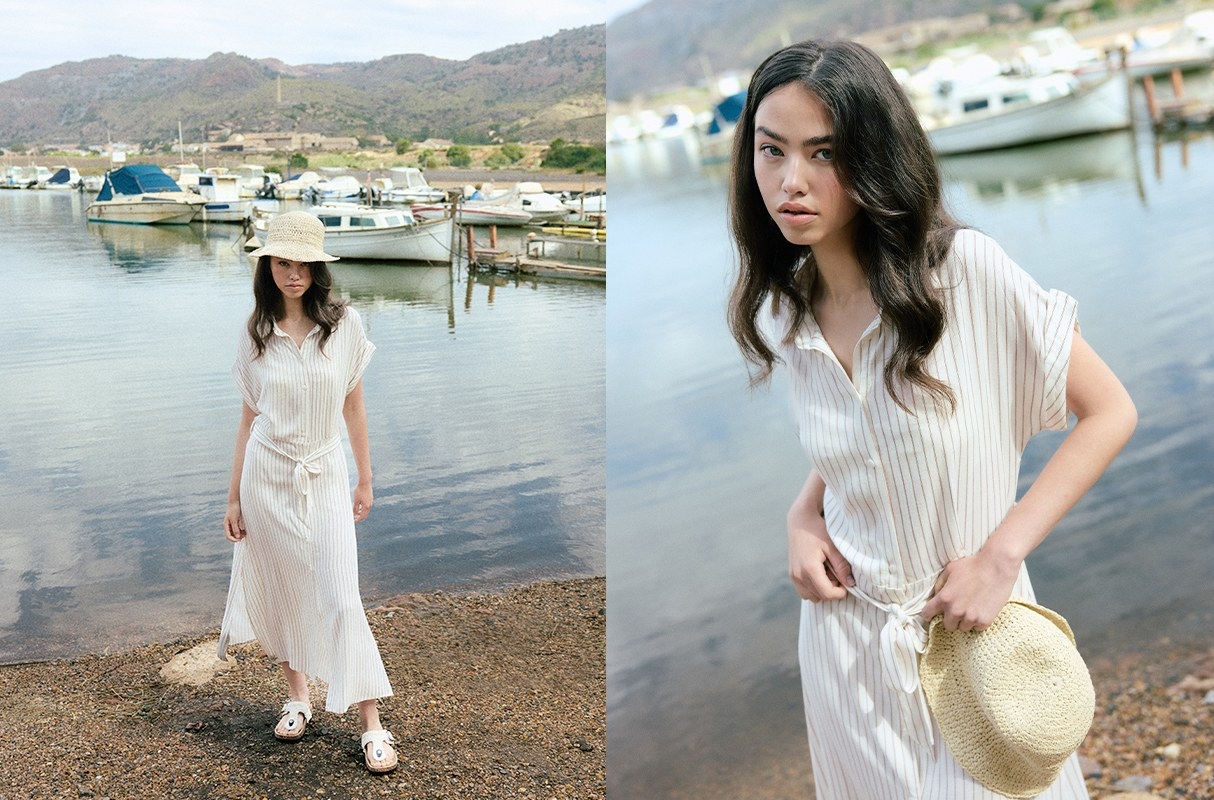 Vestido midi camisero a rayas blanco roto vista media frontal