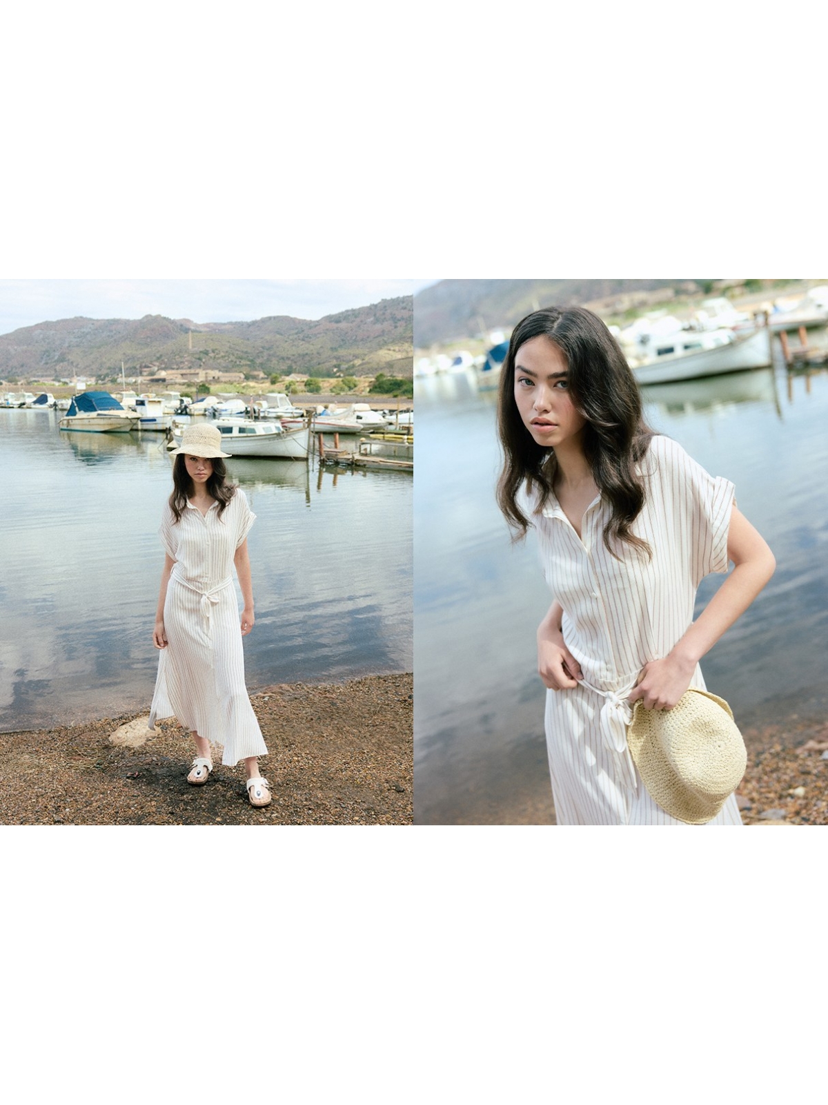 %NewExtra% Vestido midi camiseiro às riscas off white