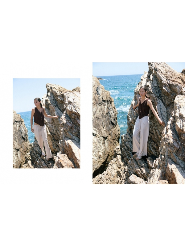  Pantalón lino fluido tiro alto beige