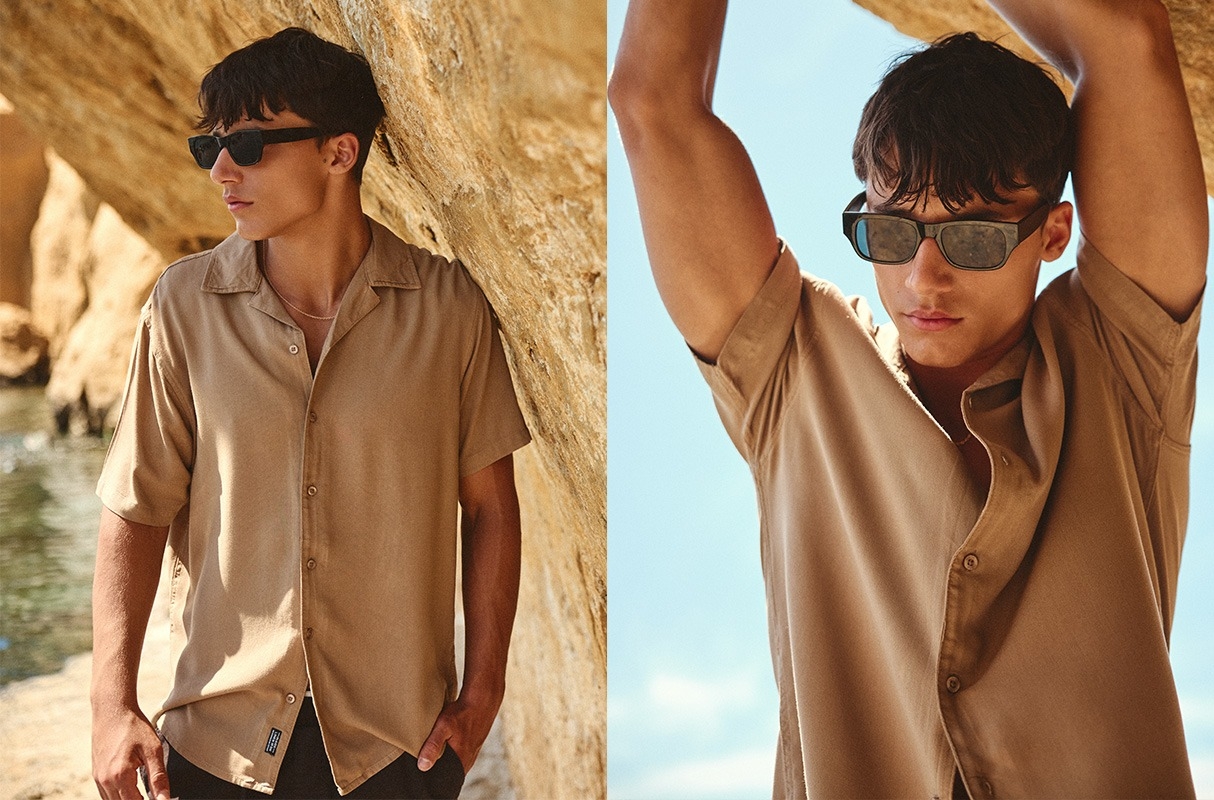 Camisa lino resort beige vista media frontal