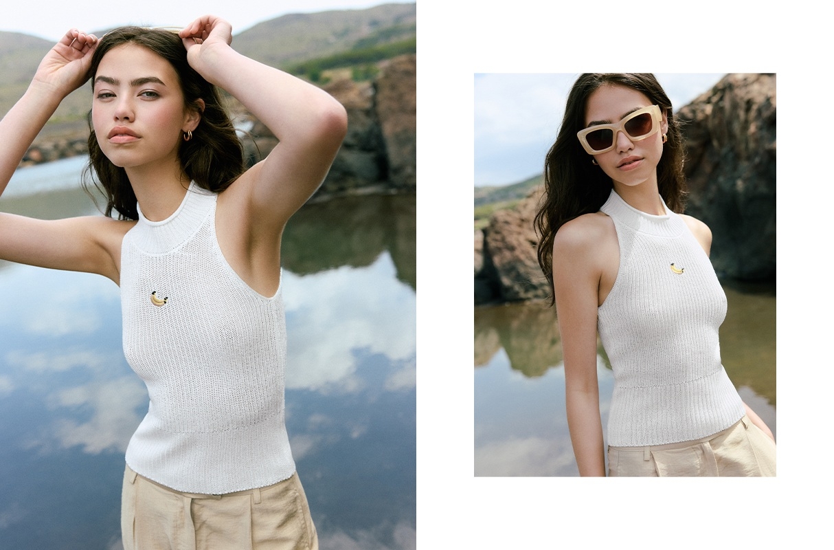 Top halter de crochê bordado banana branco vista meia frontal