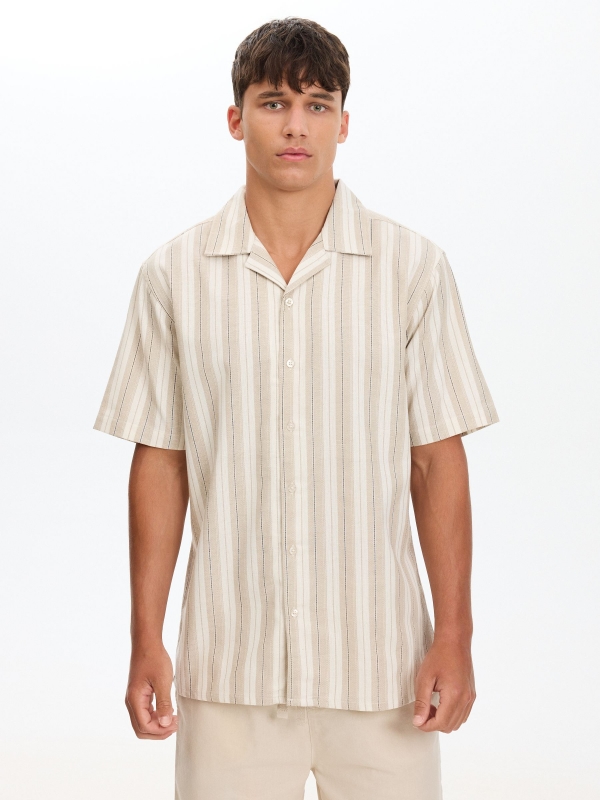 Striped knit shirt with buttons raw middle front view