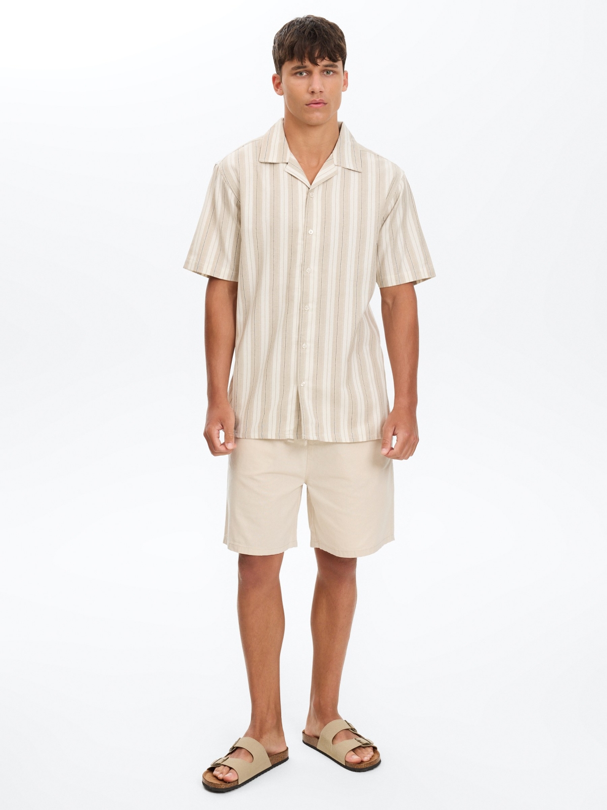 Striped knit shirt with buttons raw front view