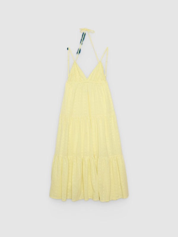  Swiss embroidered maxi dress with straps pastel yellow front view
