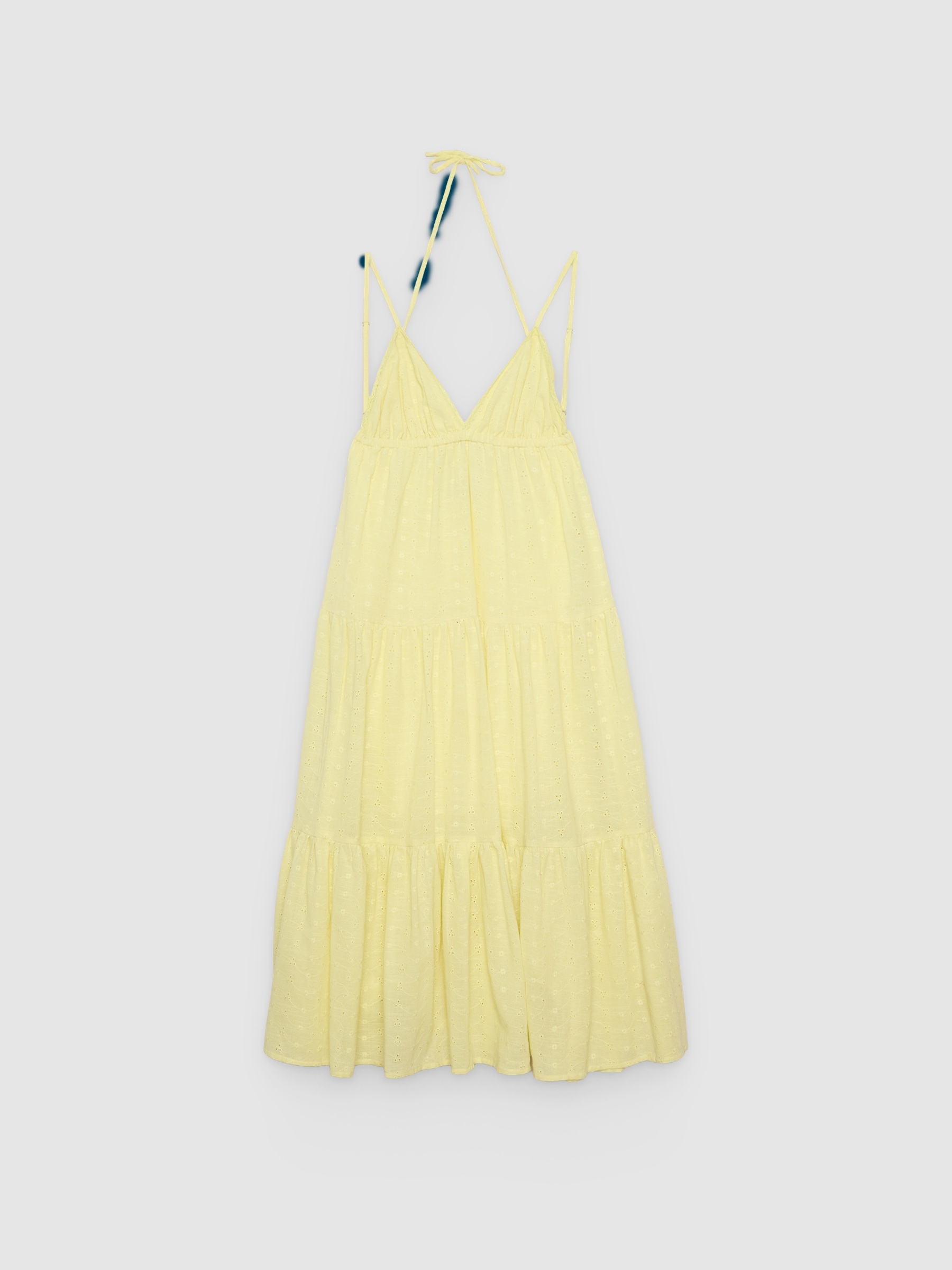 %Pto% Swiss embroidered maxi dress with straps pastel yellow front view